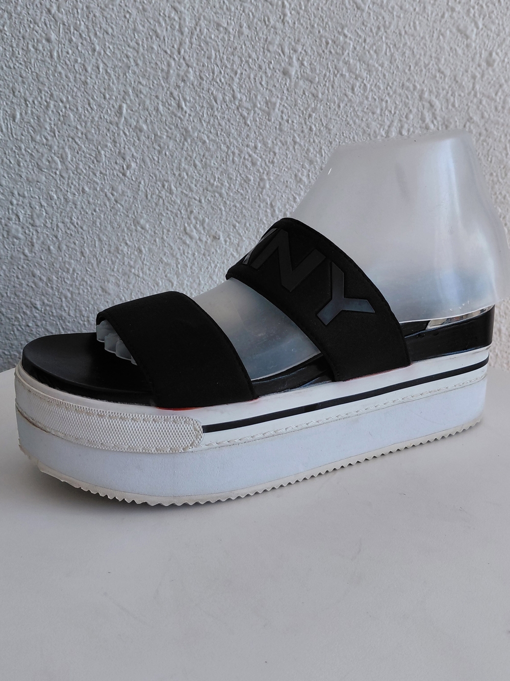 DKNY Logo platform straps slipon sandals